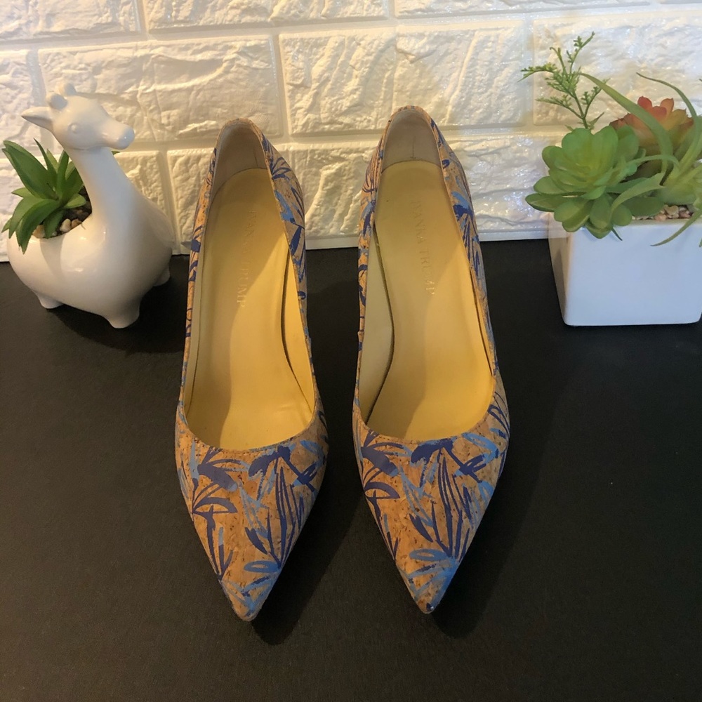 Cork blue abstract leaves floral ivanka trump heel